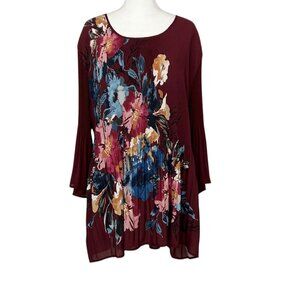 Catherines Pleated Floral Print Bell Sleeve Tunic Top (1X)
